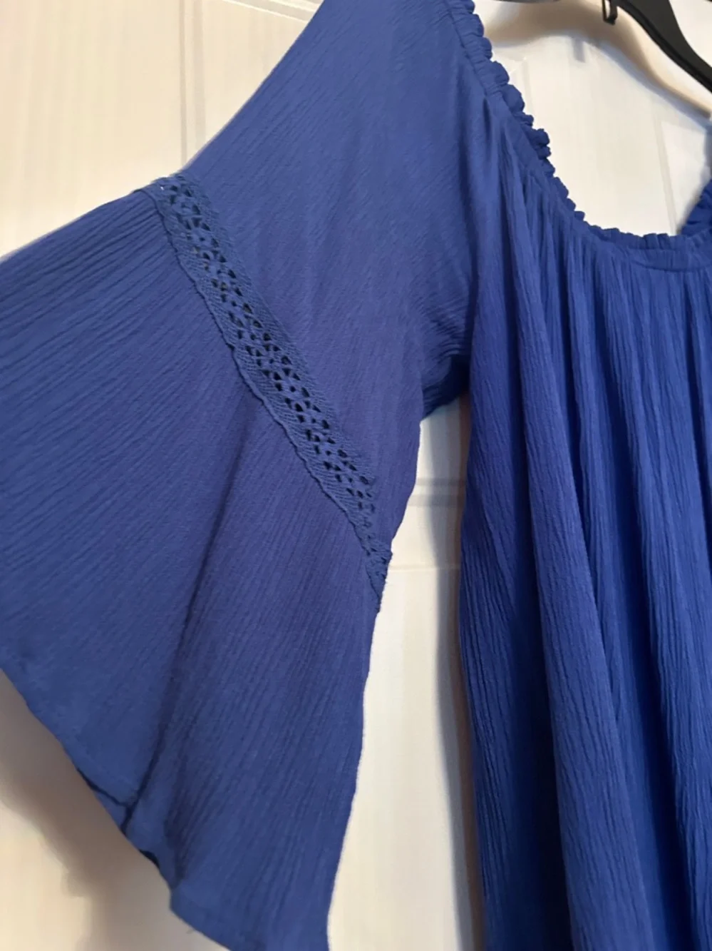 Flying Tomato Crochet Hem Peasant Dress L Blue Lace Relaxed Loose Bell Sleeve
